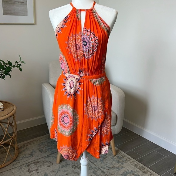 Floreat Anthropologie Livia Bright Orange Mandala Print Halter Keyhole Dress 12P - Picture 1 of 17